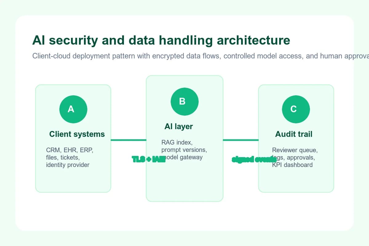 AI security architecture showing client systems, encrypted model access, reviewer approvals, audit logs, and KPI dashboards